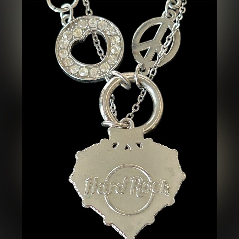 Vintage Retro Mixed Media Hard Rock Cafe Necklace Rhinestones Peace Signs Heart - Picture 3 of 4